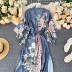 European And American Fashion Blogger Pajama Style Satin Dress Women''s Fashion Printing Long Vacation Sunscreen Coat Fashion