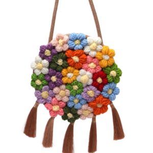 Ethnic Fluffy Bag For Women, Fashion Trend, Floral Small Round Bag, Stylish And Versatile, Can Be Worn On One Shoulder Or Cross-body