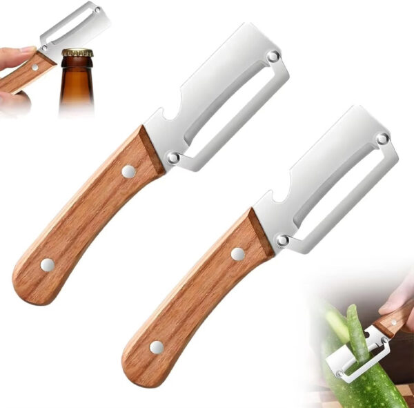 Vegetable Peeler With Wooden Handle And Bottle Opener 2 In 1 Stainless Steel Kitchen Tool For Fruit Potato Pumpkin Kitchen Gadgets