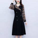 Dress Women"s Spring New Fashion Western Style Suit Collar Fat Mm Lattice Stitching Slim, Medium And Long