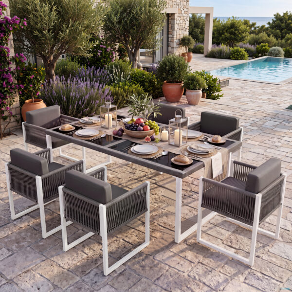 Rope Dining Set, Garden Furniture, 6-person Garden Dining Set With Armchairs, Removable And Washable Fabric Cover