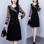 Dress Women"s Spring New Fashion Western Style Suit Collar Fat Mm Lattice Stitching Slim, Medium And Long